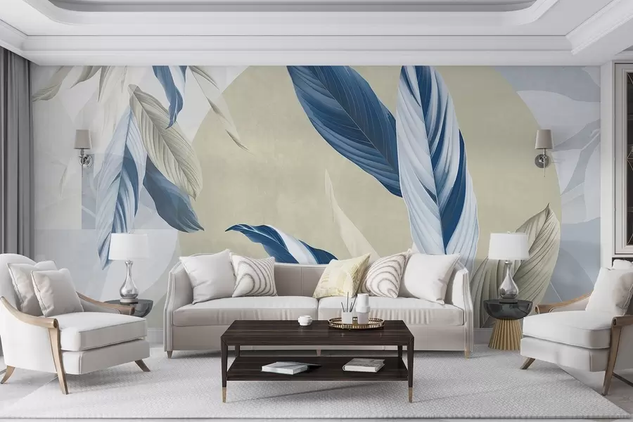 murais de parede Composição geométrica moderna e abstrata com textura e folhas detalhadas em tons de azul, bege e branco w08741