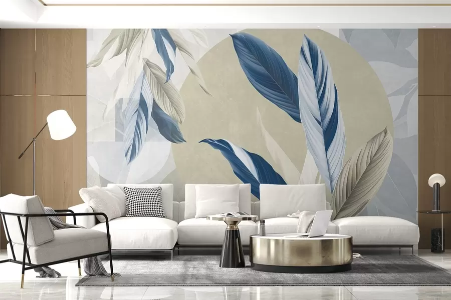 murais de parede Composição geométrica moderna e abstrata com textura e folhas detalhadas em tons de azul, bege e branco w08741