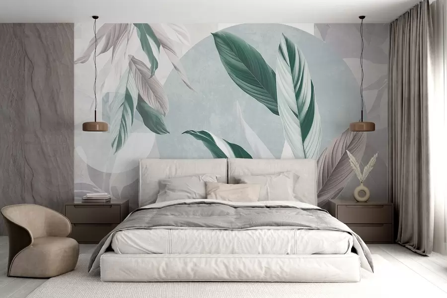 murais de parede Composição geométrica moderna e abstrata com textura e folhas detalhadas em tons de verde, roxo claro e branco w08741v1