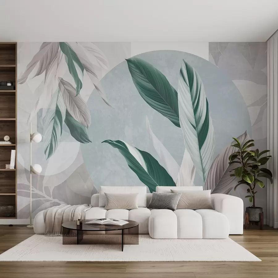 murais de parede Composição geométrica moderna e abstrata com textura e folhas detalhadas em tons de verde, roxo claro e branco w08741v1