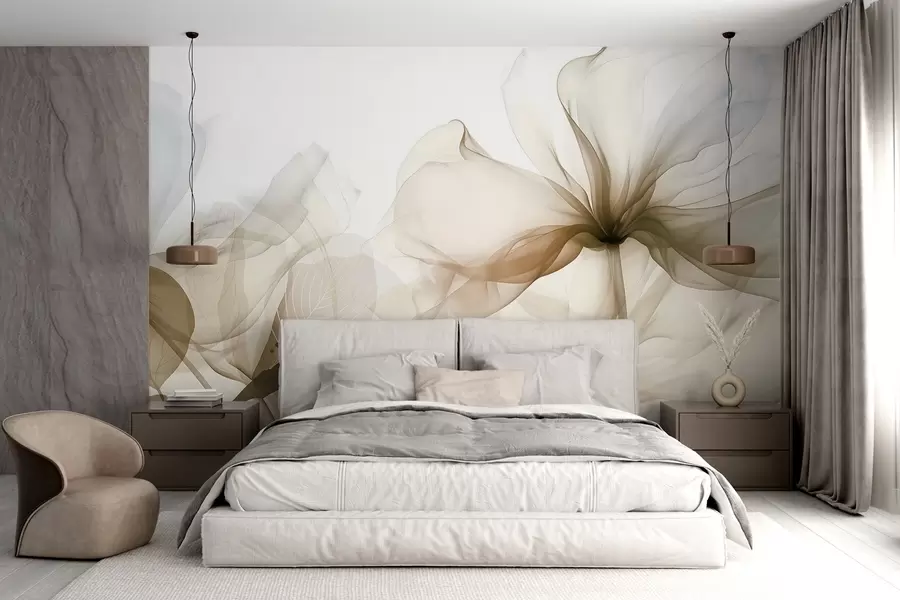 murais de parede Flores abstratas marrons com pétalas suaves e translúcidas e detalhes delicados, em um fundo branco w08742v1