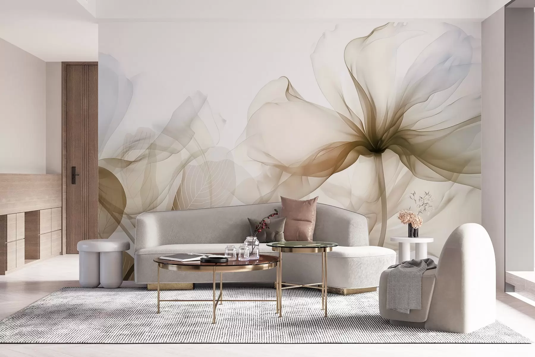 murais de parede Flores abstratas marrons com pétalas suaves e translúcidas e detalhes delicados, em um fundo branco w08742v1