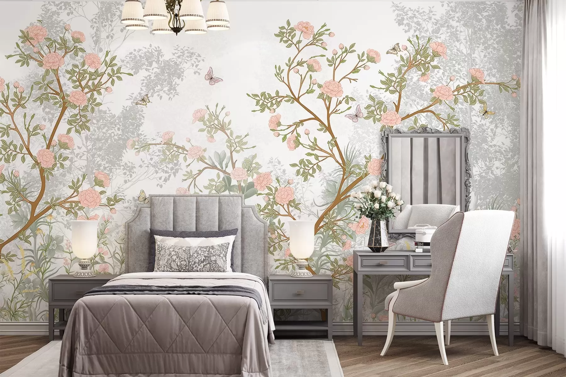 murais de parede Delicadas árvores com flores cor-de-rosa, borboletas voando e folhas verdes entrelaçadas com galhos finos  w08744