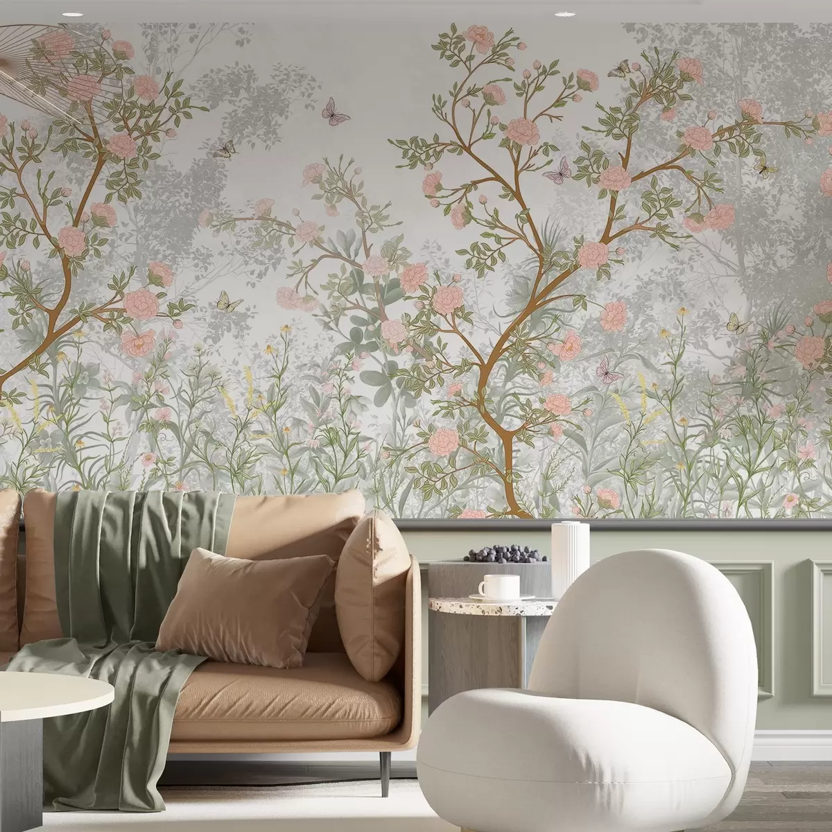murais de parede Delicadas árvores com flores cor-de-rosa, borboletas voando e folhas verdes entrelaçadas com galhos finos  w08744