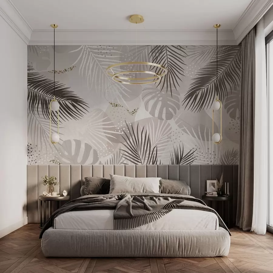 murais de parede Tendência abstrata de folhas e linhas tropicais w03060v1