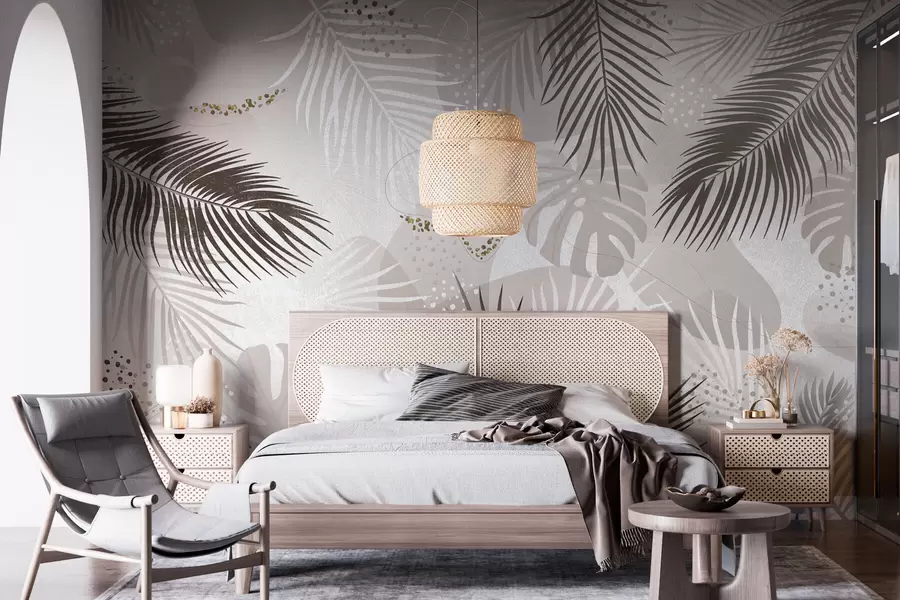 murais de parede Tendência abstrata de folhas e linhas tropicais w03060v1