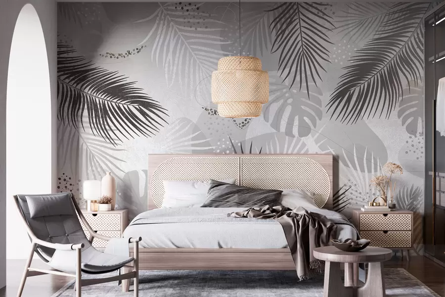 murais de parede Tendência abstrata de folhas e linhas tropicais w03060v2