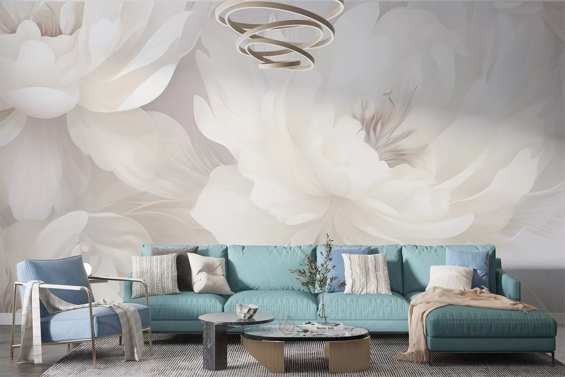 murais de parede Flores delicadas e volumosas em tons suaves de branco-creme em um fundo suave w03045