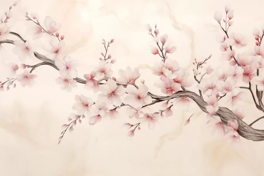 murais de parede Um delicado ramo de flor de cerejeira com flores rosa suave em um fundo claro w03079