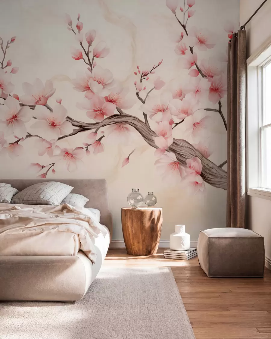 murais de parede Um delicado ramo de flor de cerejeira com flores rosa suave em um fundo claro w03079