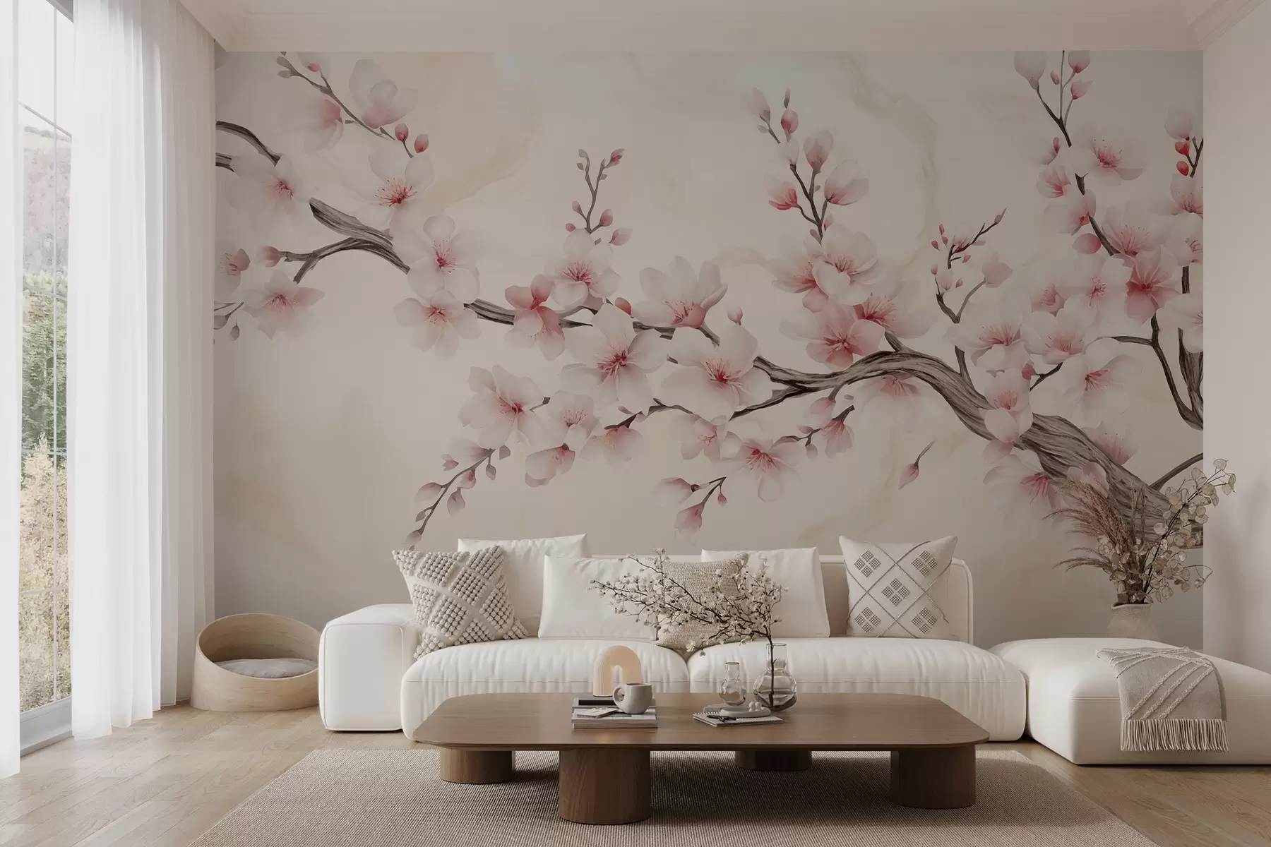 murais de parede Um delicado ramo de flor de cerejeira com flores rosa suave em um fundo claro w03079