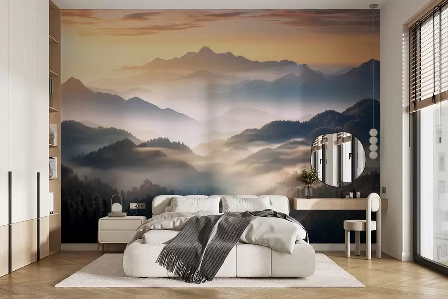 murais de parede Paisagem serena da montanha ao amanhecer, com uma névoa suave envolvendo os pinheiros w08748