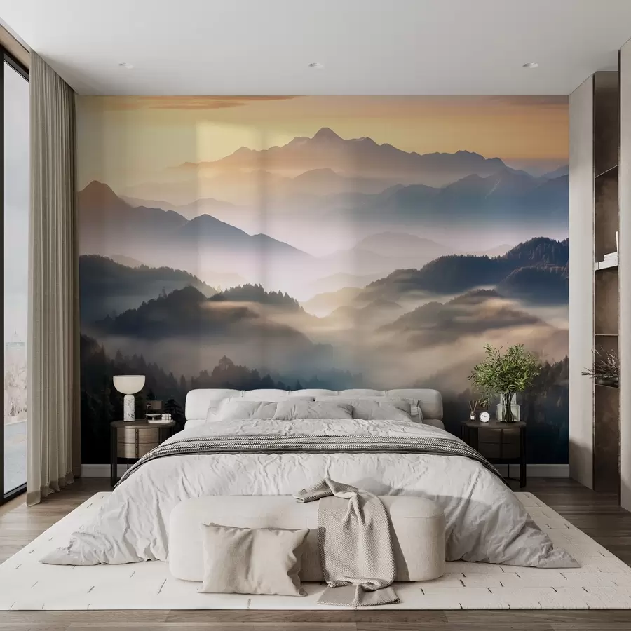 murais de parede Paisagem serena da montanha ao amanhecer, com uma névoa suave envolvendo os pinheiros w08748