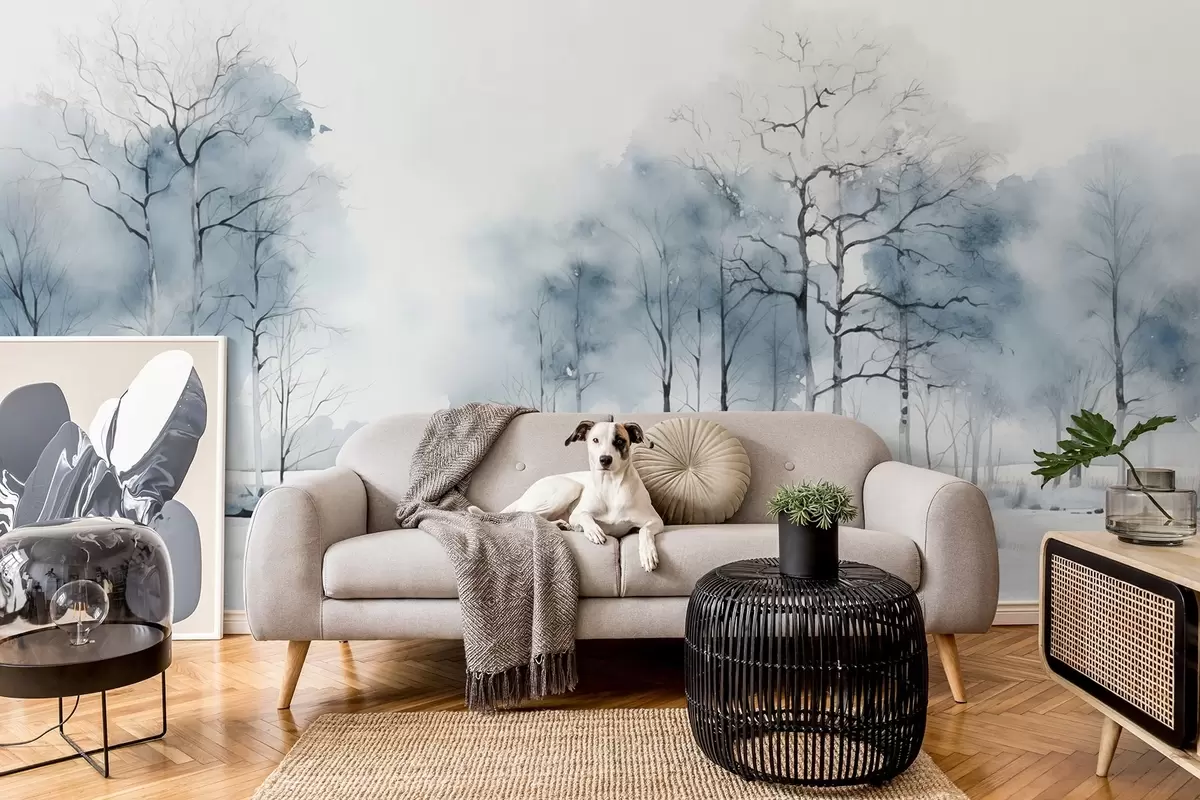 murais de parede Árvores azuis em estilo aquarela em um fundo branco w08753