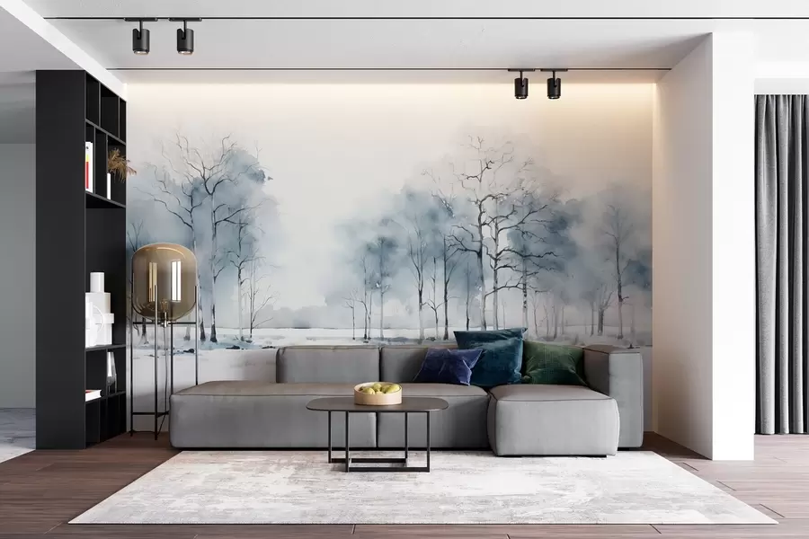 murais de parede Árvores azuis em estilo aquarela em um fundo branco w08753