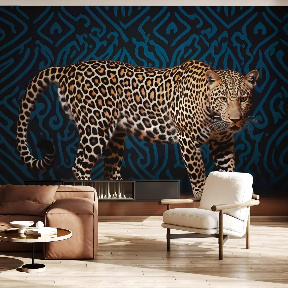 murais de parede Leopardo em um fundo com padrão azul w08754