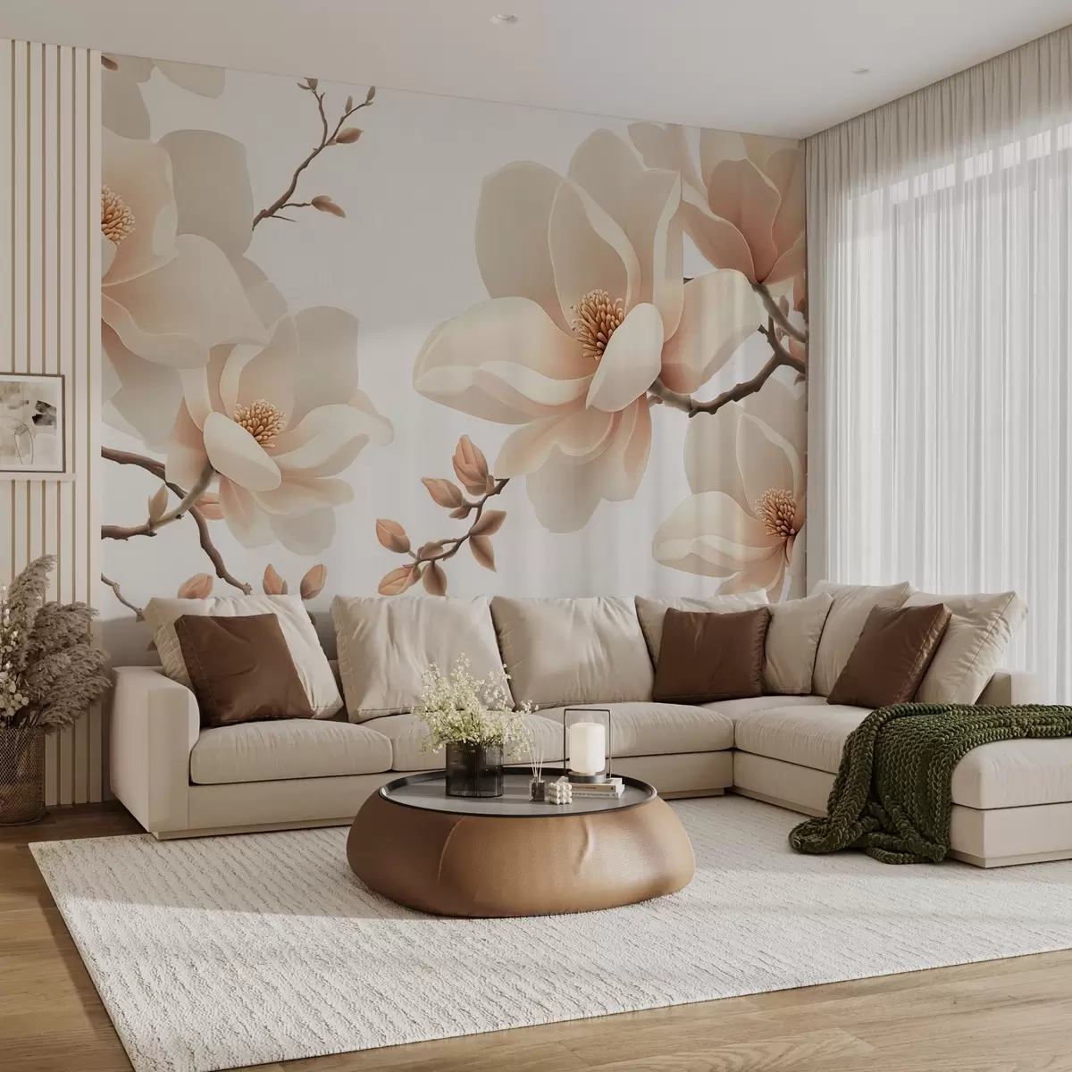 murais de parede Ramos de magnólia de cor creme em um fundo branco w08755