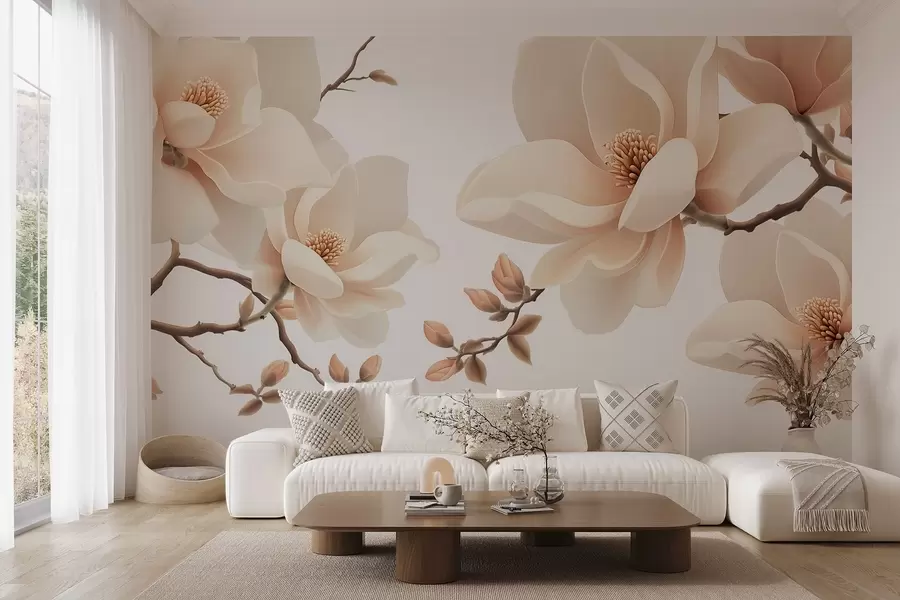 murais de parede Ramos de magnólia de cor creme em um fundo branco w08755