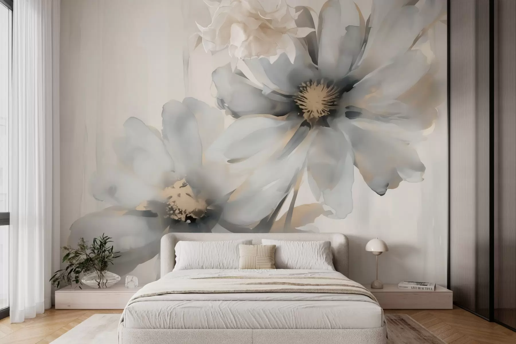 murais de parede Imitação de flores grandes em aquarela borrada w03073