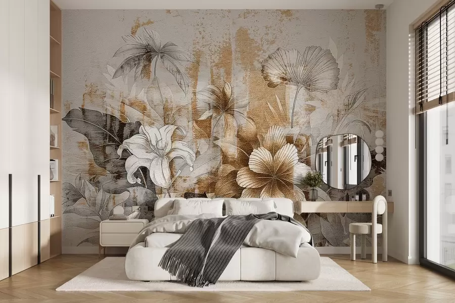 murais de parede Design vintage com flores e plantas exóticas w08767