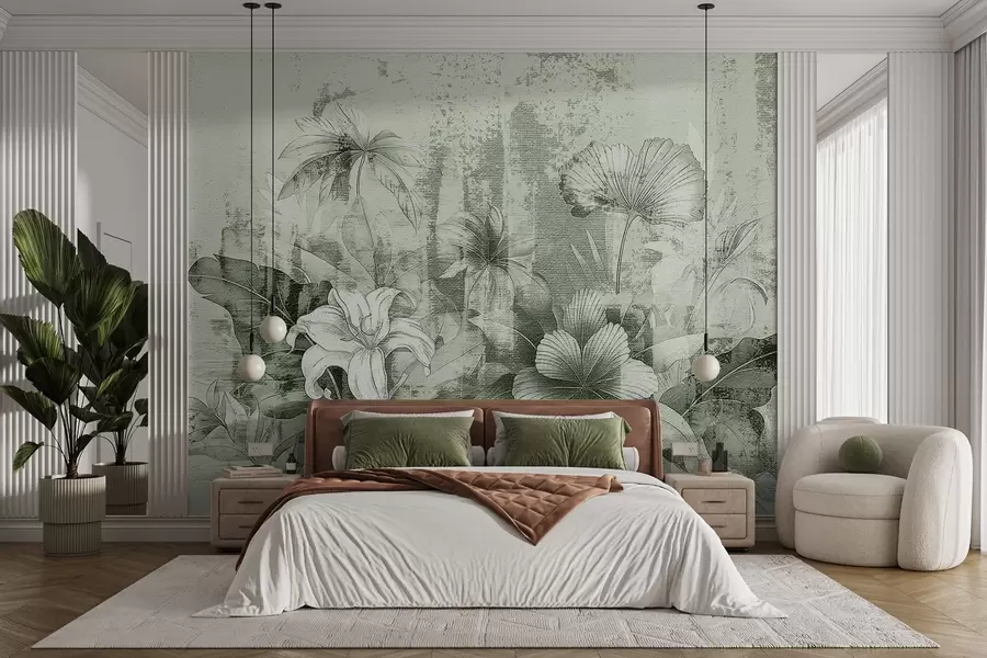 murais de parede Design vintage com flores e plantas exóticas w08767v3