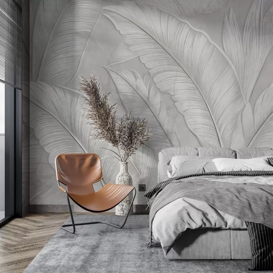 murais de parede Grandes folhas tropicais com detalhes de alta textura em uma cor cinza claro monocromática em estilo loft  w08772
