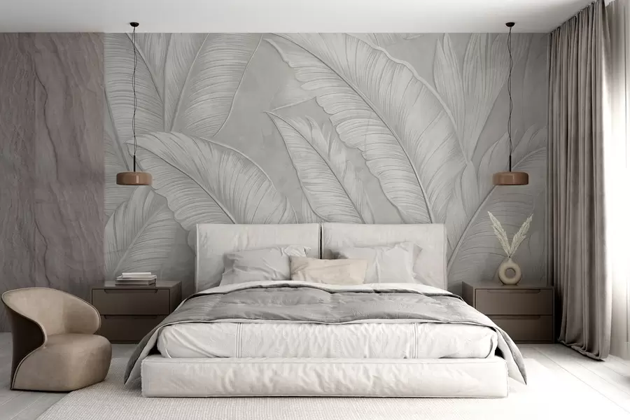 murais de parede Grandes folhas tropicais com detalhes de alta textura em uma cor cinza claro monocromática em estilo loft  w08772