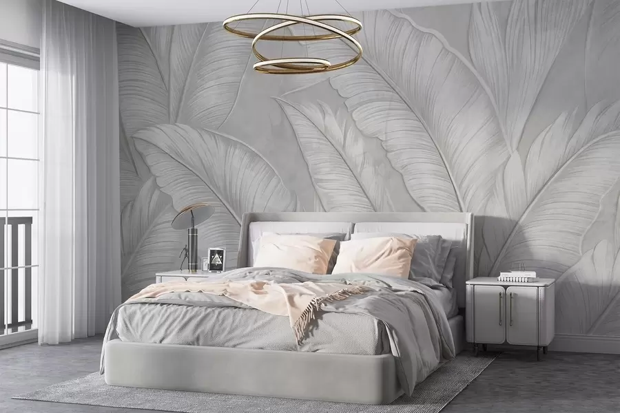 murais de parede Grandes folhas tropicais com detalhes de alta textura em uma cor cinza claro monocromática em estilo loft  w08772