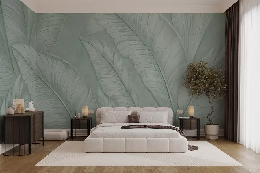 murais de parede Grandes folhas tropicais com detalhes de alta textura em uma cor verde monocromática no estilo loft  w08772v1