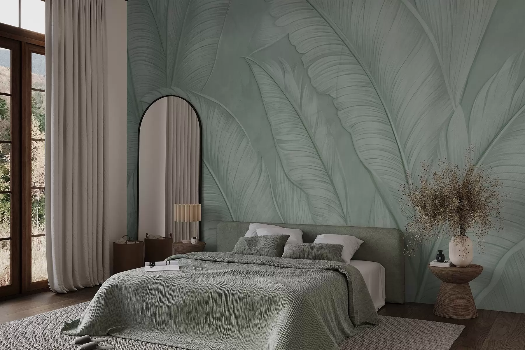 murais de parede Grandes folhas tropicais com detalhes de alta textura em uma cor verde monocromática no estilo loft  w08772v1