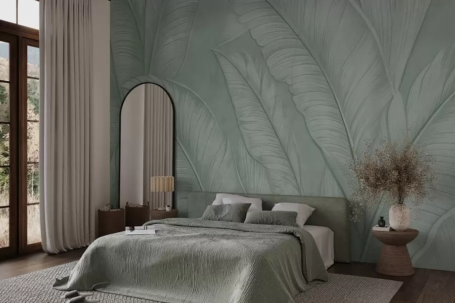 murais de parede Grandes folhas tropicais com detalhes de alta textura em uma cor verde monocromática no estilo loft  w08772v1