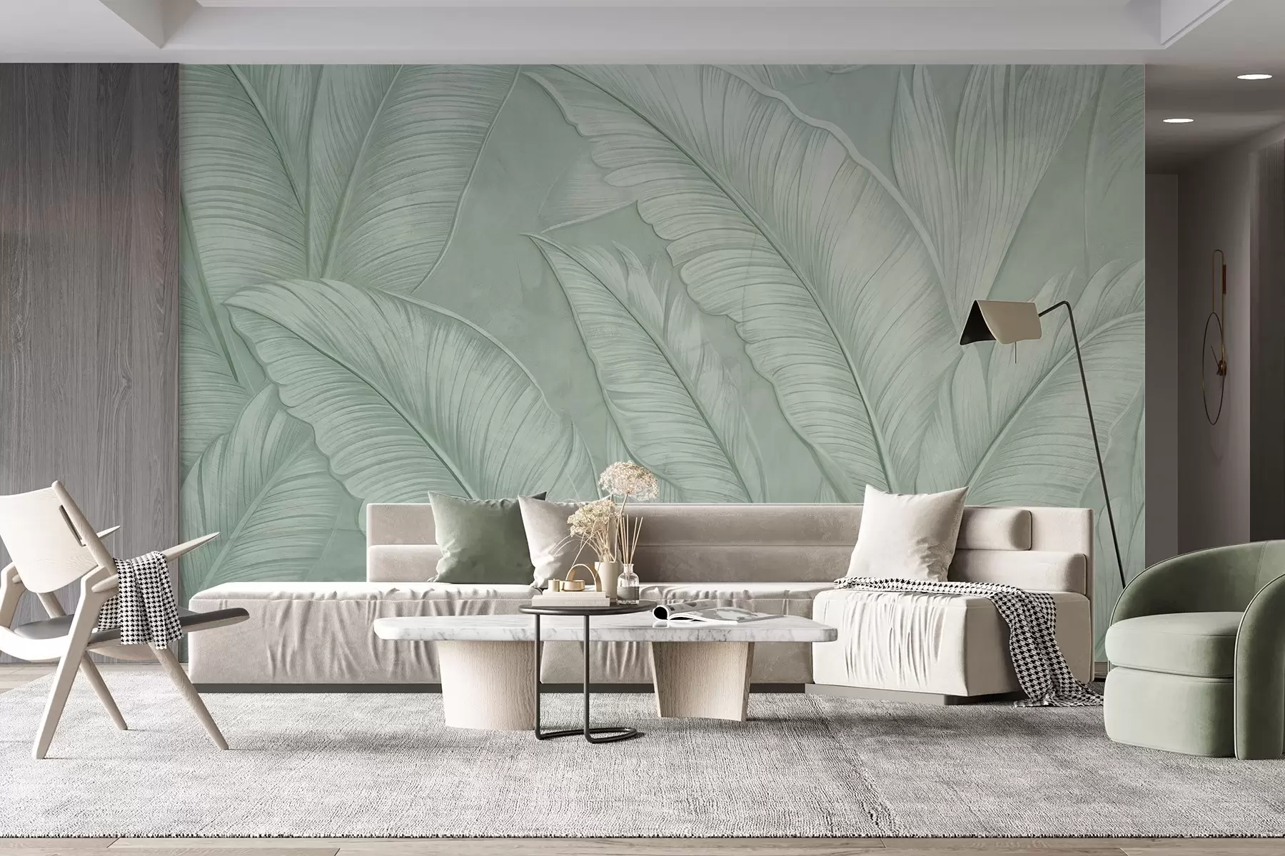 murais de parede Grandes folhas tropicais com detalhes de alta textura em uma cor verde monocromática no estilo loft  w08772v1