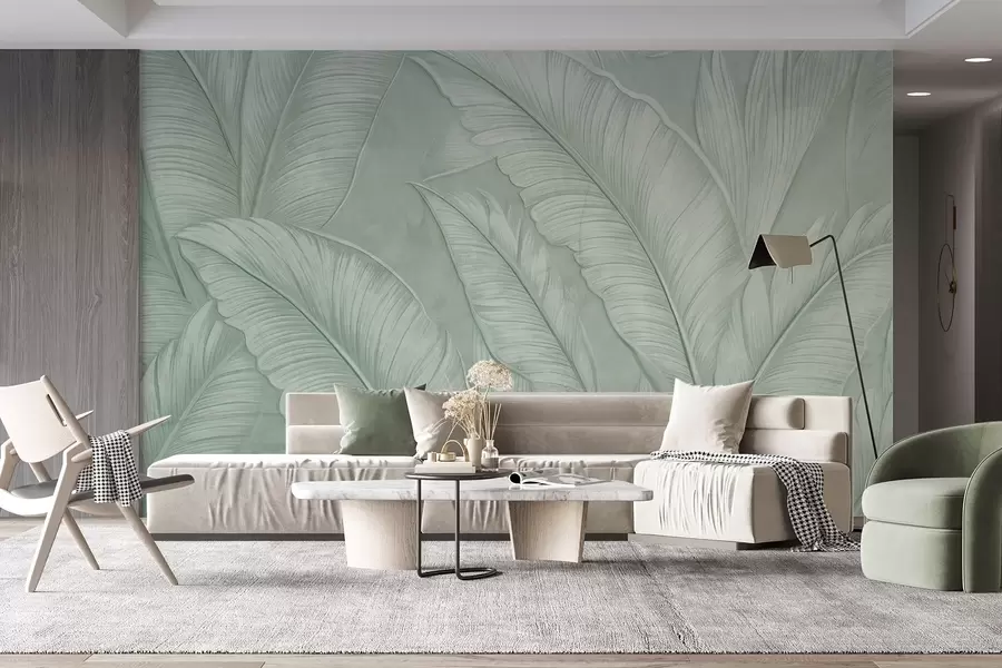 murais de parede Grandes folhas tropicais com detalhes de alta textura em uma cor verde monocromática no estilo loft  w08772v1