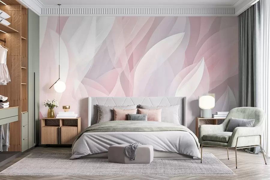 murais de parede Design abstrato com formas suaves de pétalas em tons de rosa e branco, criando um efeito de camadas w08774
