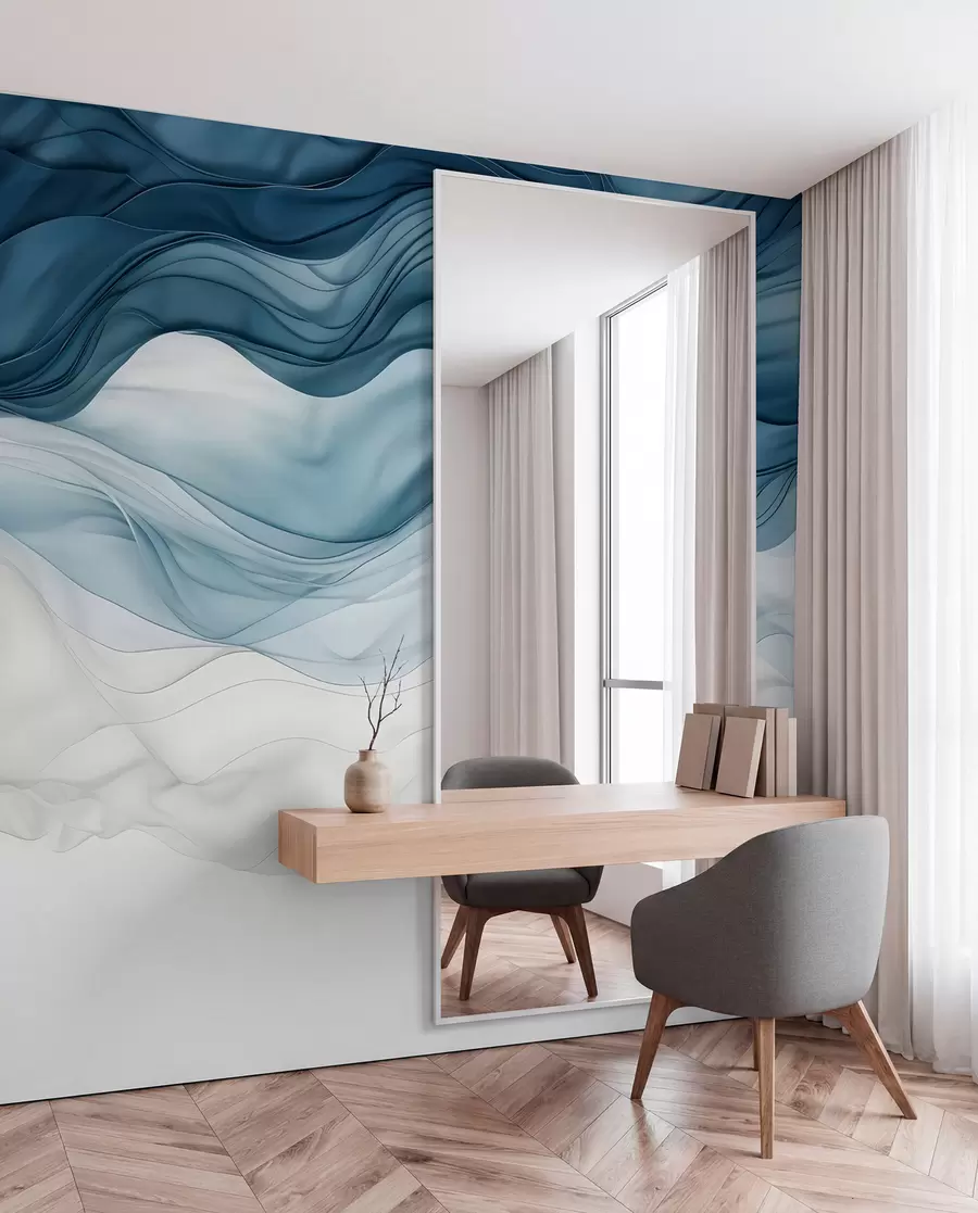 murais de parede Ondas fluidas de texturas translúcidas em tons de azul escuro, azul claro e branco em um fundo claro  w08775