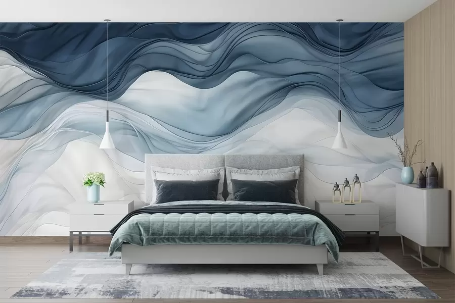 murais de parede Ondas fluidas de texturas translúcidas em tons de azul escuro, azul claro e branco em um fundo claro  w08775