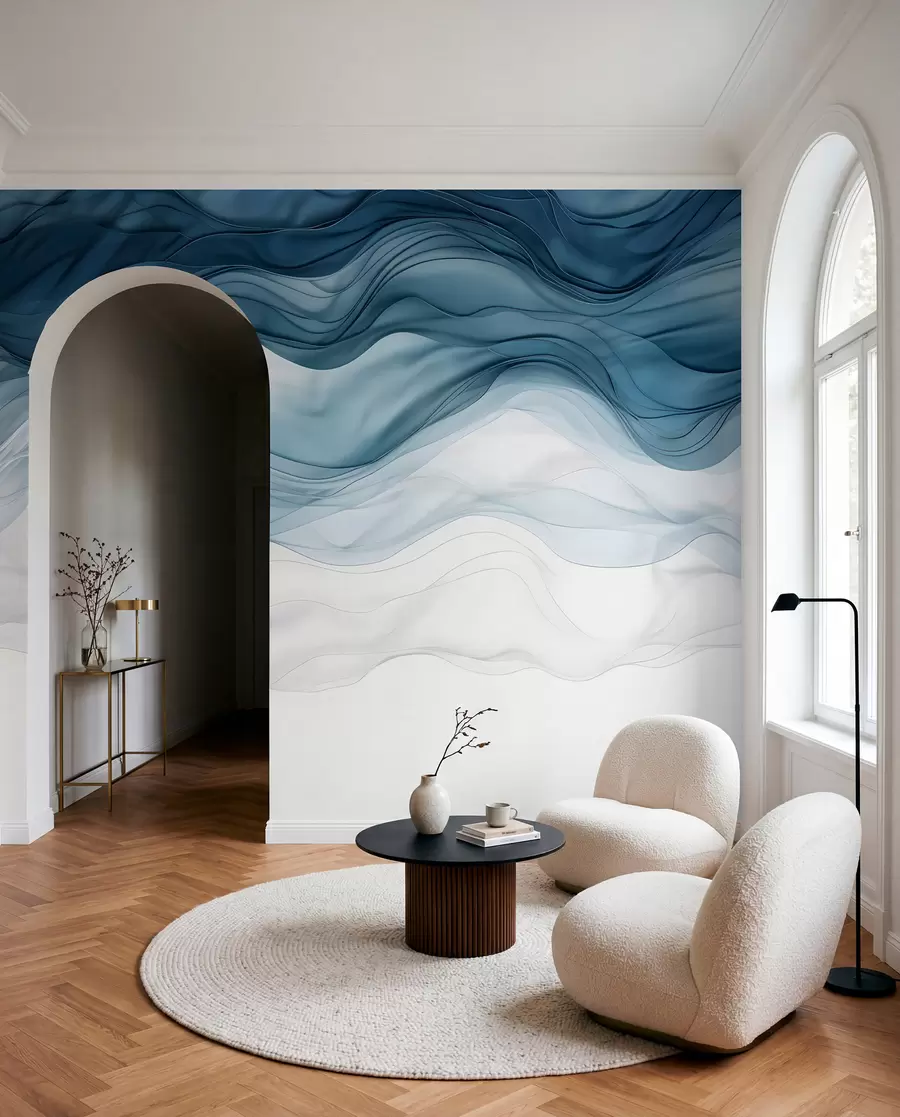 murais de parede Ondas fluidas de texturas translúcidas em tons de azul escuro, azul claro e branco em um fundo claro  w08775
