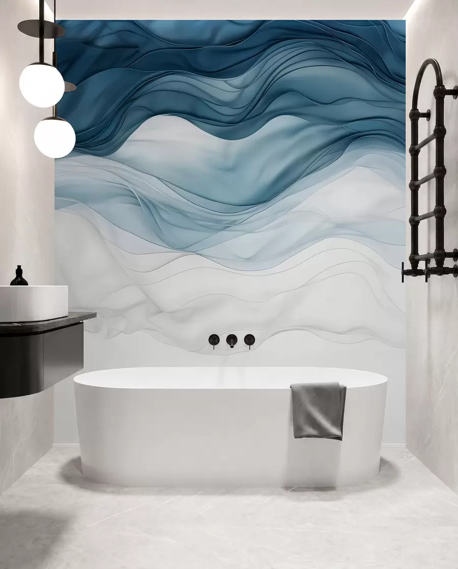 murais de parede Ondas fluidas de texturas translúcidas em tons de azul escuro, azul claro e branco em um fundo claro  w08775