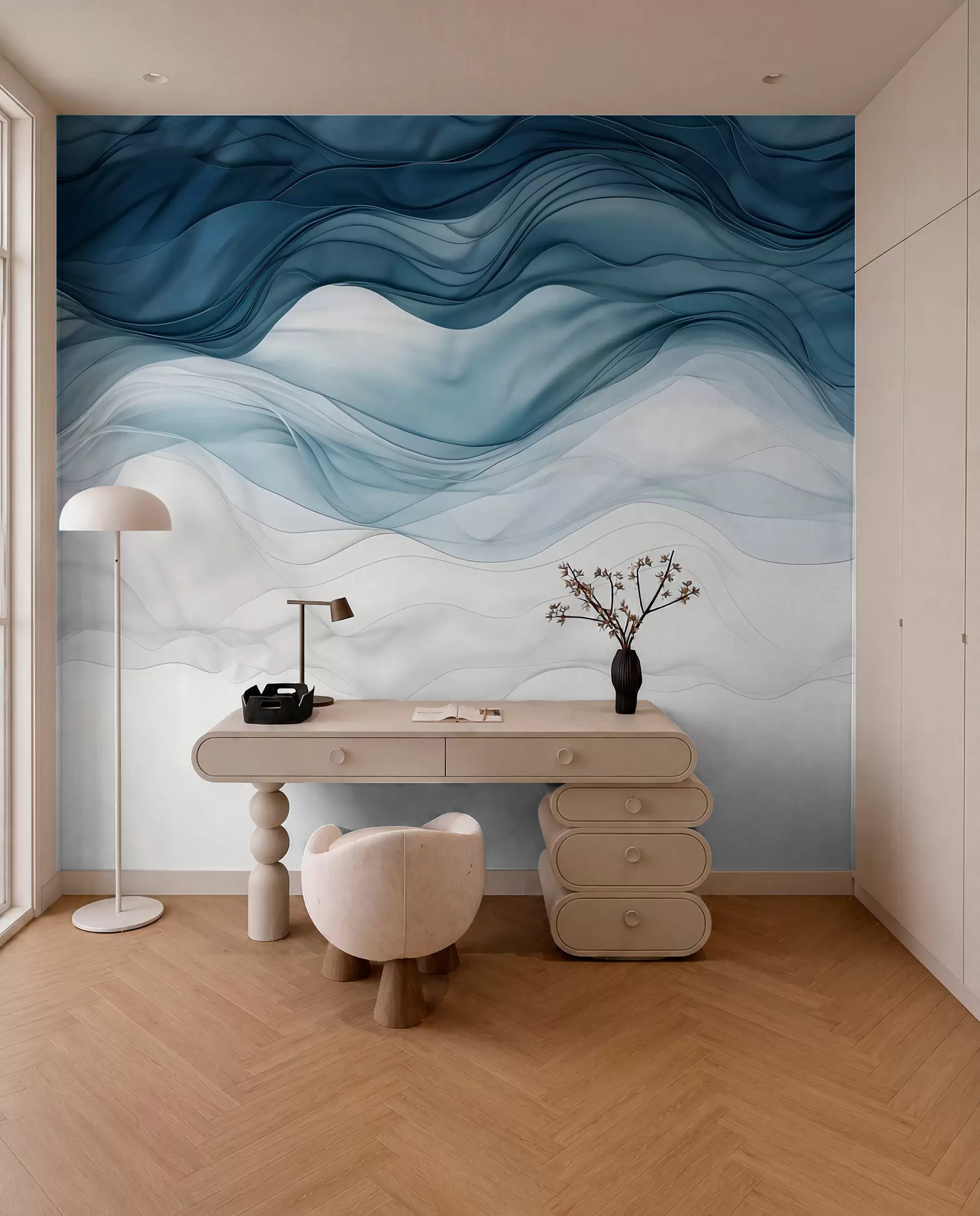 murais de parede Ondas fluidas de texturas translúcidas em tons de azul escuro, azul claro e branco em um fundo claro  w08775