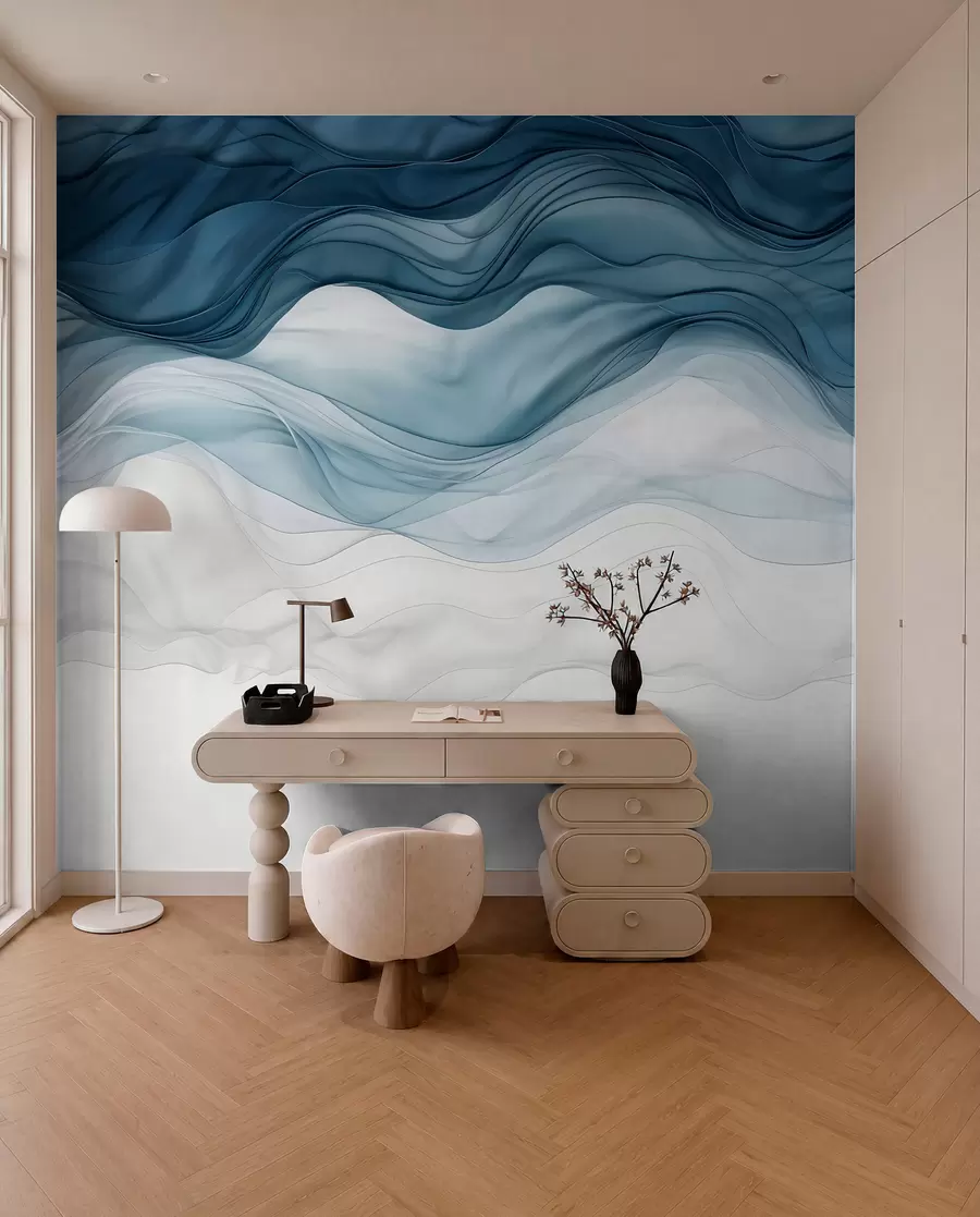 murais de parede Ondas fluidas de texturas translúcidas em tons de azul escuro, azul claro e branco em um fundo claro  w08775