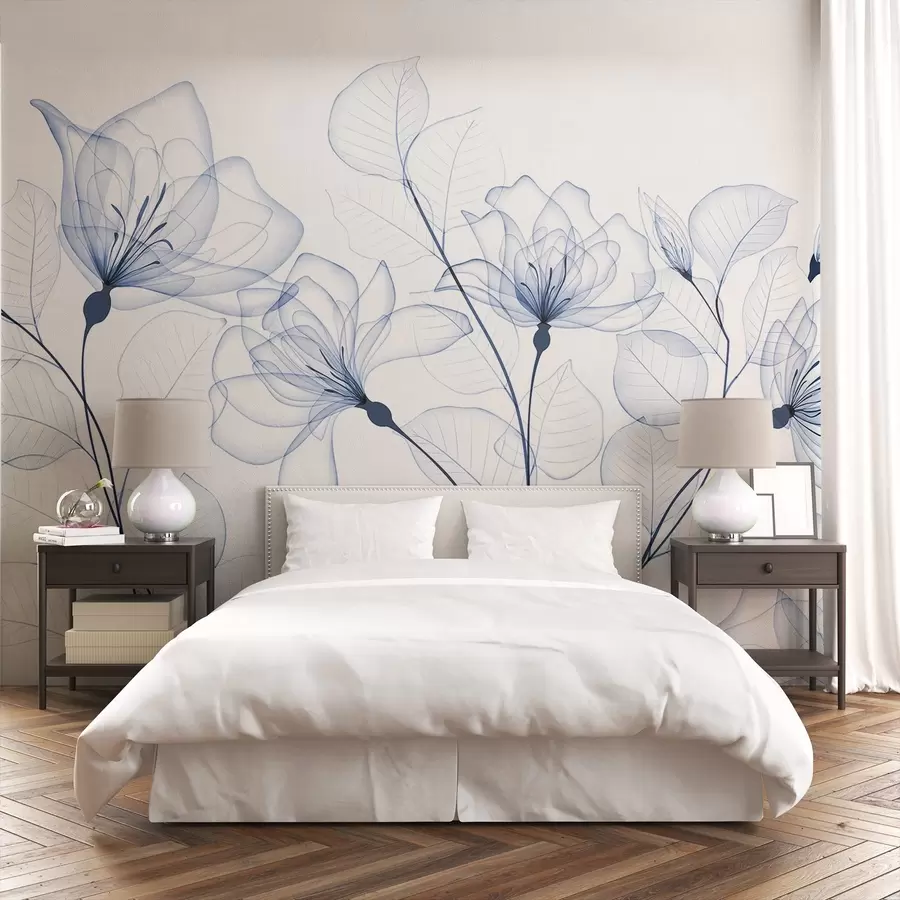 murais de parede Delicadas flores azuis minimalistas com pétalas e folhas transparentes, em um fundo branco w08776