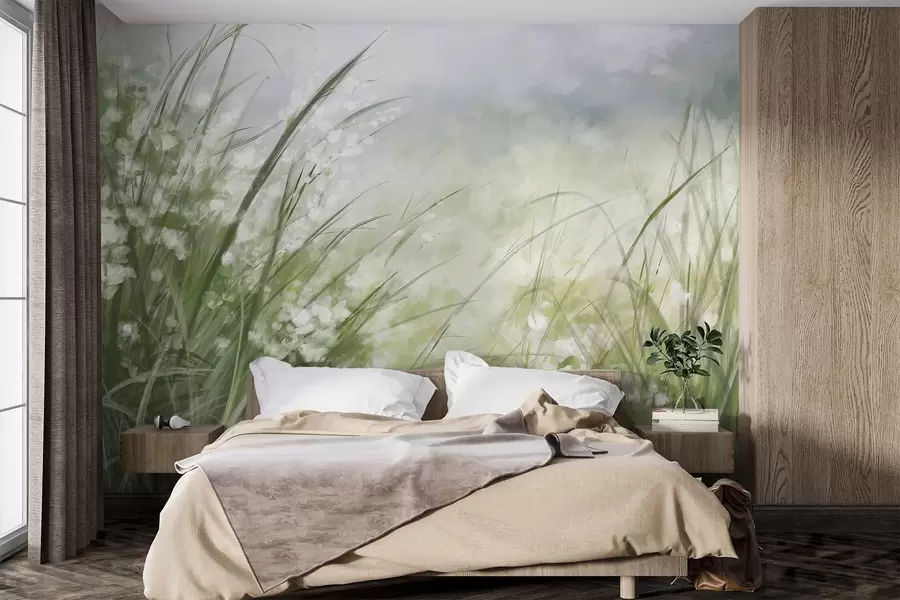 murais de parede Grama verde exuberante com delicadas flores brancas, estampa suavemente borrada com tons claros, criando uma paisagem tranquila w08779