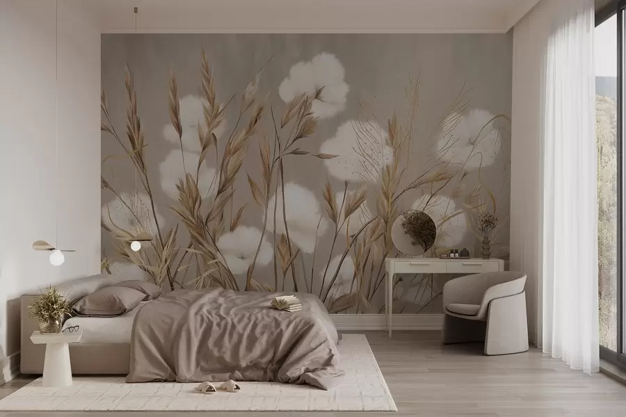 murais de parede Flores brancas de algodão macio e fofo e grama alta com espiguetas laranja em um fundo bege com textura suave w08784