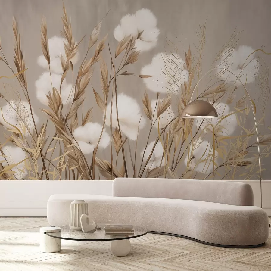 murais de parede Flores brancas de algodão macio e fofo e grama alta com espiguetas laranja em um fundo bege com textura suave w08784