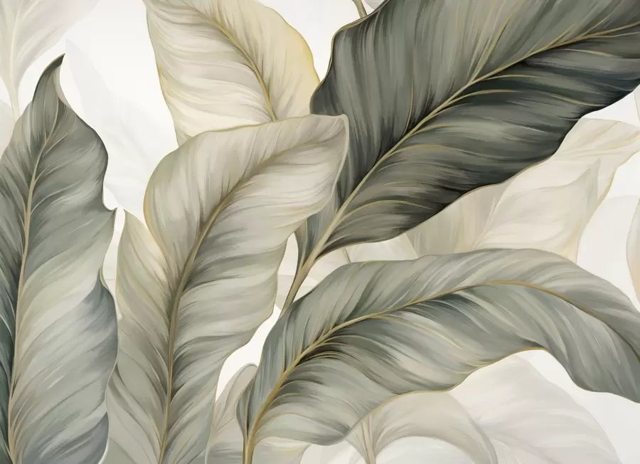 murais de parede Folhas grandes, estilizadas e texturizadas com veias detalhadas em vários tons de verde, creme e bege w08785
