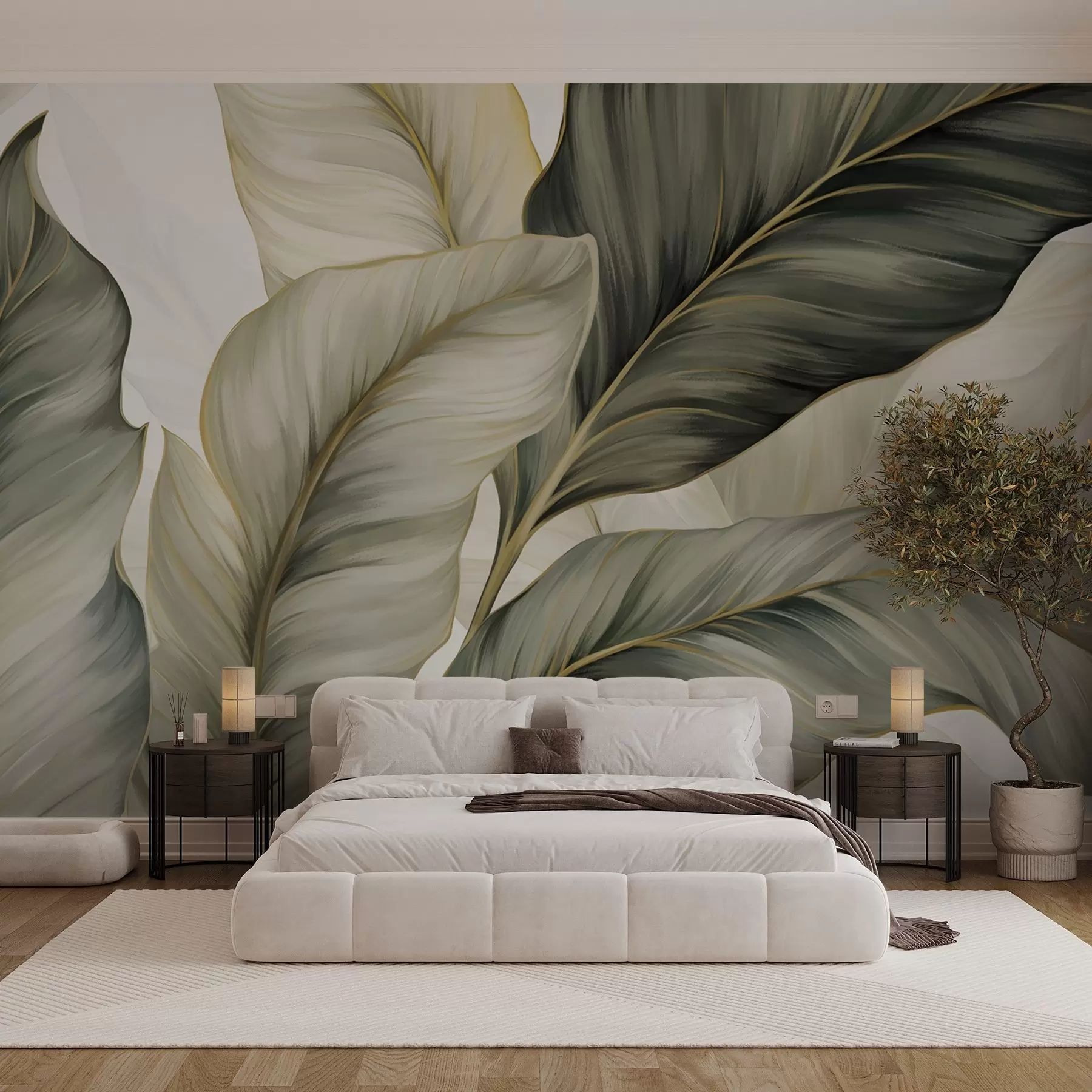 murais de parede Folhas grandes, estilizadas e texturizadas com veias detalhadas em vários tons de verde, creme e bege w08785