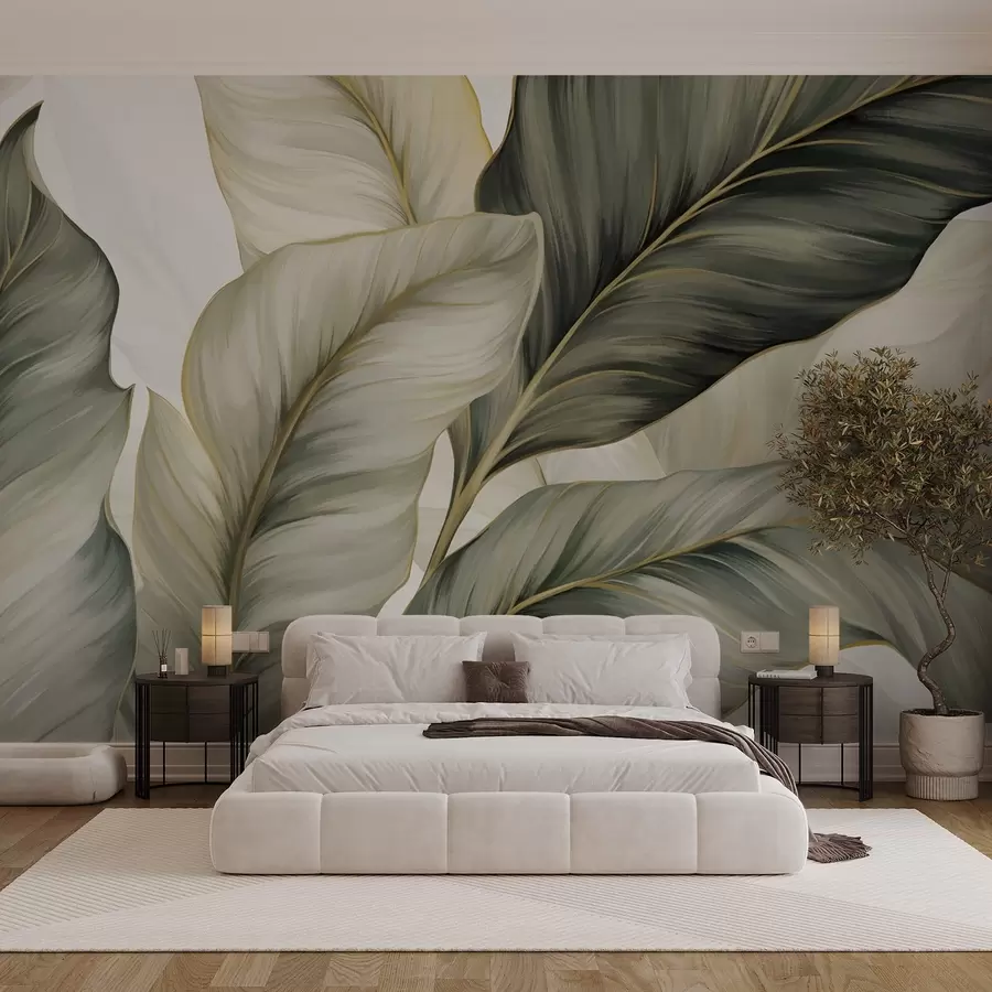 murais de parede Folhas grandes, estilizadas e texturizadas com veias detalhadas em vários tons de verde, creme e bege w08785