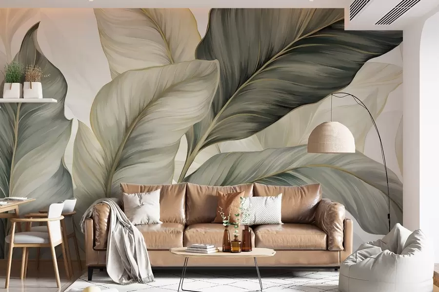 murais de parede Folhas grandes, estilizadas e texturizadas com veias detalhadas em vários tons de verde, creme e bege w08785