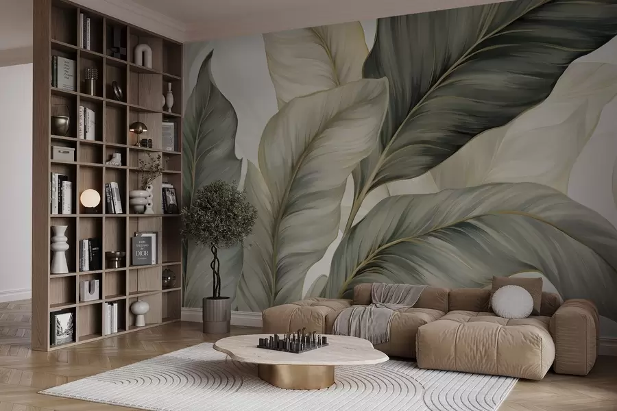 murais de parede Folhas grandes, estilizadas e texturizadas com veias detalhadas em vários tons de verde, creme e bege w08785
