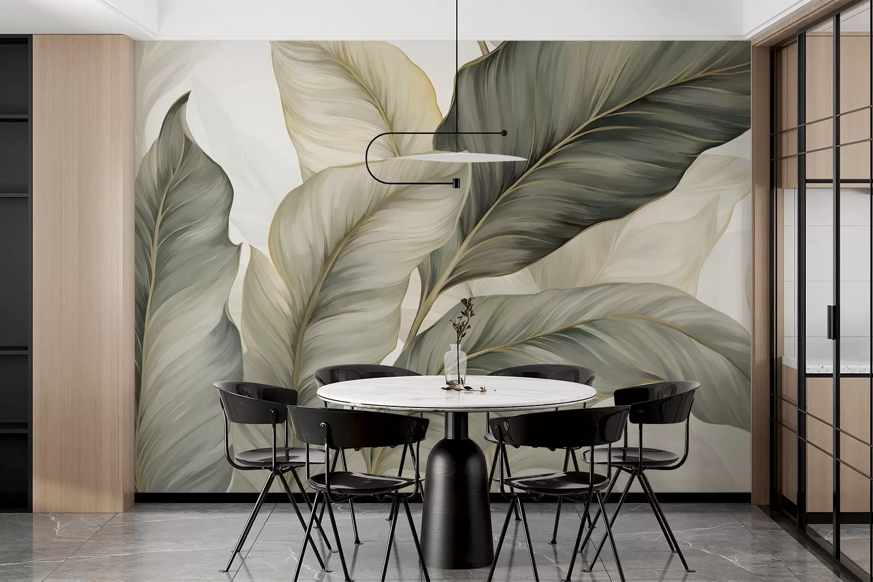 murais de parede Folhas grandes, estilizadas e texturizadas com veias detalhadas em vários tons de verde, creme e bege w08785